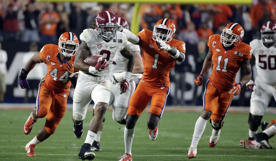 FILE - In this Jan. 11, 2016, file photo, Alabama&#39;s Derrick Henry runs for a touchdown during the first half against Clemson in the NCAA college football playoff championship game in Glendale, Ariz. No. 1 Clemson and No. 4 Alabama will meet in the College Football Playoffs for the third straight year when they square off in the Sugar Bowl. They split the first two meetings in down-to-the-wire national championship games. (AP Photo/Chris Carlson, File)