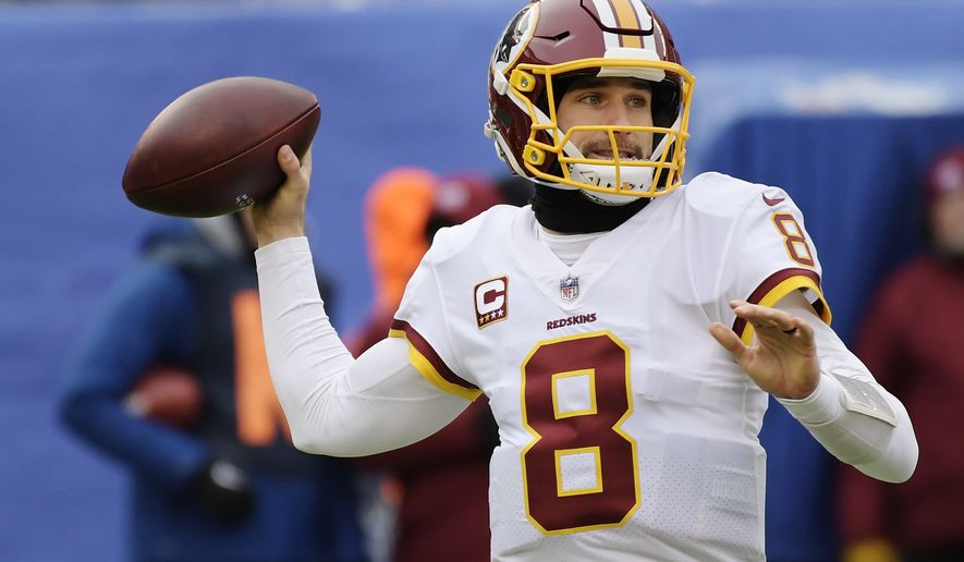 Washington Redskins quarterback Kirk Cousins (8) throws a pass during the first half of an NFL football game against the New York Giants, Sunday, Dec. 31, 2017, in East Rutherford, N.J. (AP Photo/Bill Kostroun)
