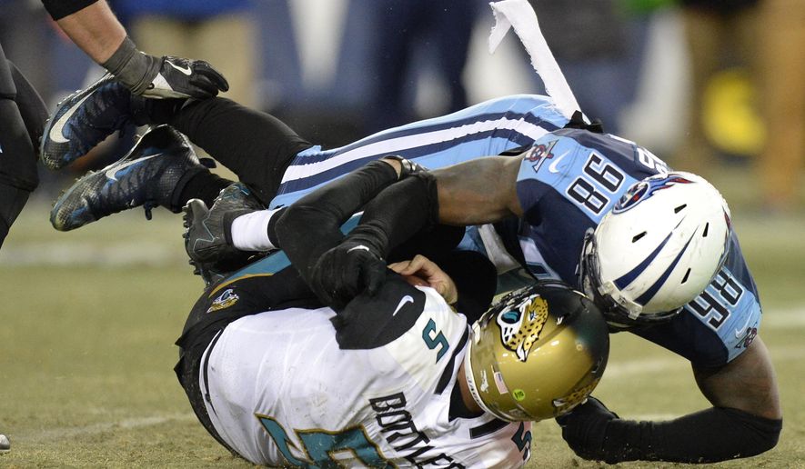 Jacksonville Jaguars quarterback Blake Bortles (5) is sacked for a 10-yard loss by Tennessee Titans outside linebacker Brian Orakpo (89) in the second half of an NFL football game Sunday, Dec. 31, 2017, in Nashville, Tenn. (AP Photo/Mark Zaleski)