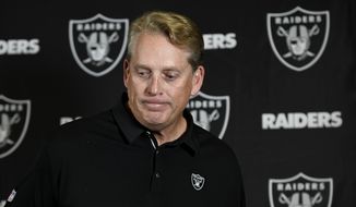 Oakland Raiders head coach Jack Del Rio reacts during a news conference after an NFL football game against the Los Angeles Chargers, Sunday, Dec. 31, 2017, in Carson, Calif. (AP Photo/Kelvin Kuo)