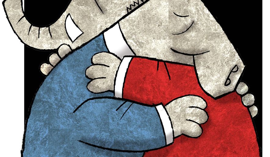 Illustration on reconciliation between Democrat and Republican by Alexander Hunter/The Washington Times