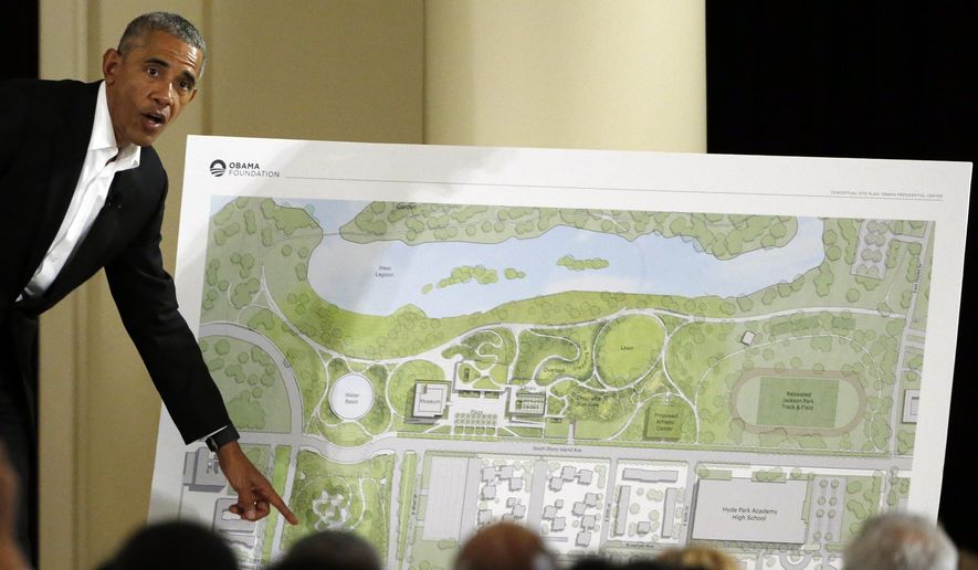 In this May 3, 2017, file photo, former President Barack Obama speaks at a community event on the Presidential Center at the South Shore Cultural Center in Chicago. Construction is expected to start in 2018 on Barack Obama's presidential center in Chicago. The former president used his first public appearances since leaving the White House to visit his hometown several times in 2017 and reveal post-presidency plans to work with young people and details about the center. (AP Photo/Nam Y. Huh, File)