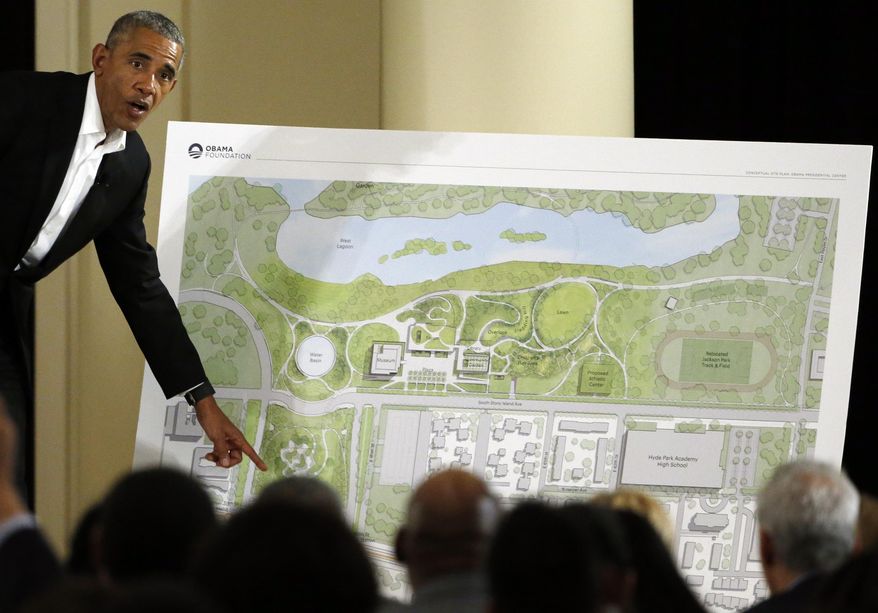 FILE - In this May 3, 2017, file photo, former President Barack Obama speaks at a community event on the Presidential Center at the South Shore Cultural Center in Chicago. Construction is expected to start in 2018 on Barack Obama&#39;s presidential center in Chicago. The former president used his first public appearances since leaving the White House to visit his hometown several times in 2017 and reveal post-presidency plans to work with young people and details about the center. (AP Photo/Nam Y. Huh, File)