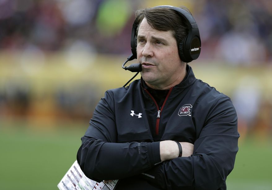 South Carolina head coach Will Muschamp during the first half of the Outback Bowl NCAA college football game against Michigan Monday, Jan. 1, 2018, in Tampa, Fla. (AP Photo/Chris O'Meara)