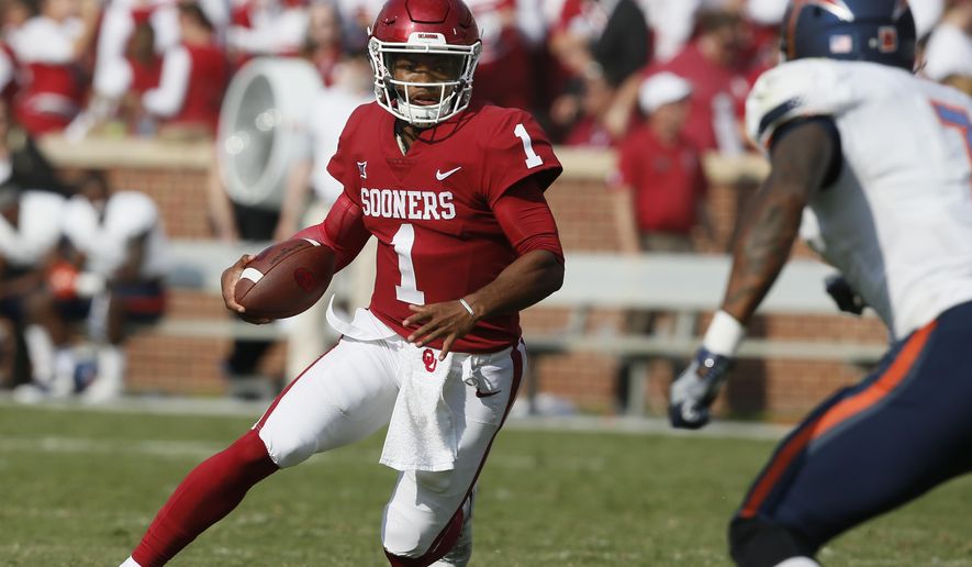 FILE - In this Sept. 2, 2017, file photo, Oklahoma quarterback Kyler Murray (1) carries against UTEP during the third quarter of an NCAA college football game in Norman, Okla. Murray was a five-star recruit and one of the most celebrated high school players to come out of Texas in recent years. He started three games as a freshman for Texas A&M, but it went sour quickly in College Station and he transferred to Oklahoma. He sat out last season to satisfy NCAA requirements and has spent this season mostly mopping up as Baker Mayfield led No. 2 Oklahoma to the College Football Playoff. “I’m just being patient,” Murray said.(AP Photo/Sue Ogrocki, File)