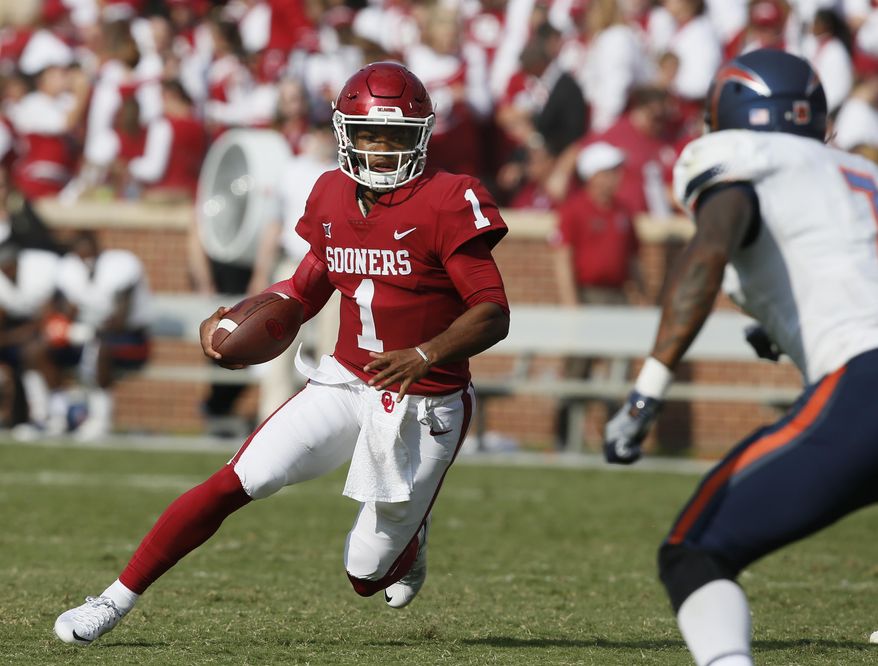 FILE - In this Sept. 2, 2017, file photo, Oklahoma quarterback Kyler Murray (1) carries against UTEP during the third quarter of an NCAA college football game in Norman, Okla. Murray was a five-star recruit and one of the most celebrated high school players to come out of Texas in recent years. He started three games as a freshman for Texas A&M, but it went sour quickly in College Station and he transferred to Oklahoma. He sat out last season to satisfy NCAA requirements and has spent this season mostly mopping up as Baker Mayfield led No. 2 Oklahoma to the College Football Playoff. “I’m just being patient,” Murray said.(AP Photo/Sue Ogrocki, File)