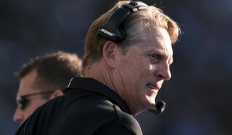 Oakland Raiders head coach Jack Del Rio looks on during the second half of an NFL football game against the Los Angeles Chargers, Sunday, Dec. 31, 2017, in Carson, Calif. (AP Photo/Kelvin Kuo)