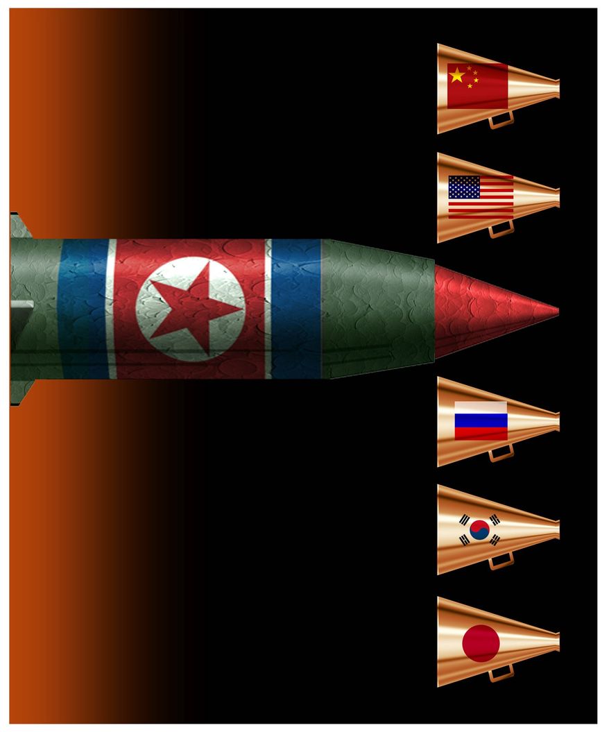 Illustration on the need to resume talks with North Korea by Alexander Hunter/The Washington Times