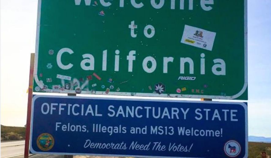 Pranksters put up a sign along a California highway to spotlight the state's "sanctuary state" legislation, which went into effect Jan. 1, 2018. (Image: Twitter, Ted Hooley)