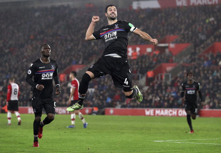 Crystal Palace's Luka Milivojevic celebrates scoring his side's second goal of the game against Southampton during their English Premier League soccer match at St Mary's Stadium in Southampton, Tuesday Jan. 2, 2018. (Andrew Matthews/PA via AP)