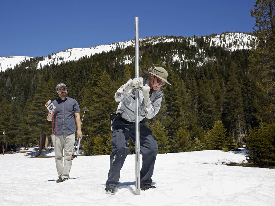 File - In this May 1, 2017 file photo, Frank Gehrke, chief of the California Cooperative Snow Surveys Program for the Department of Water Resources, right, plunges the snow survey tube into the snow pack, as DWR's Wes McCandless looks on during the snow survey at Phillips Station near Echo Summit, Calif. California's water managers are saying it's too early yet for fears that the state is sliding back into its historic five-year drought. Water officials carry out the first of their routine seasonal snow surveys in the Sierras on Wednesday, Jan. 3, 2018. (AP Photo/Rich Pedroncelli, File)