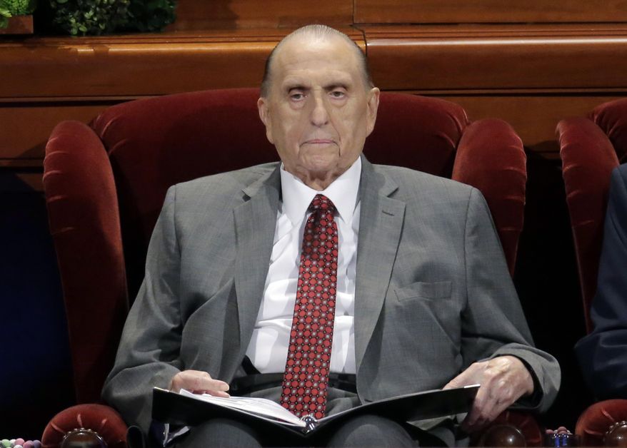 This April 1, 2017, file photo shows Thomas M. Monson, president of the Church of Jesus Christ of Latter-day Saints, at the two-day Mormon church conference in Salt Lake City. Monson, the 16th president of the Mormon church, has died after nine years in office. He was 90. (AP Photo/Rick Bowmer, File)
