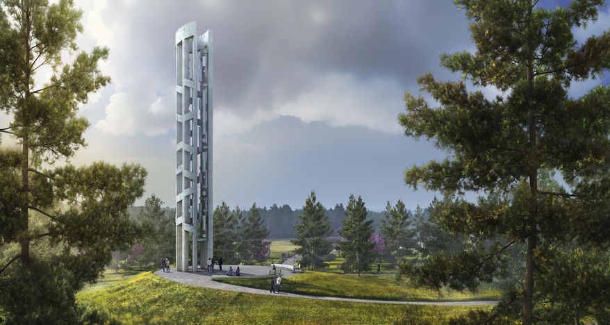 This undated rendering provided by Friends of Flight 93 National Memorial depicts the Tower of Voices, which is scheduled to open in September at the Flight 93 National Memorial in Stoystown, Pa. The 93-foot tower will be part of the commemoration of the downing of the jet on Sept. 11, 2001. It will feature 40 chimes, a symbolic representation of the 40 passengers and crew who perished in the crash of Flight 93. (Friends of Flight 93 National Memorial via AP)