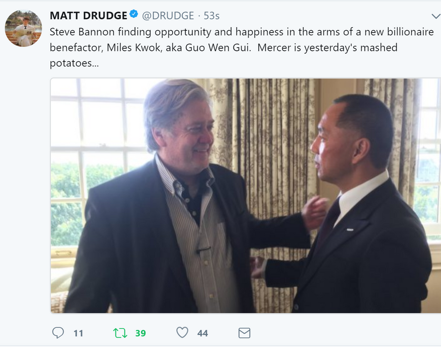 Tweet from Matt Drudge: &quot;Steve Bannon finding opportunity and happiness in the arms of a new billionaire benefactor, Miles Kwok, aka Guo Wen Gui. Mercer is yesterday&#x27;s mashed potatoes...&quot;