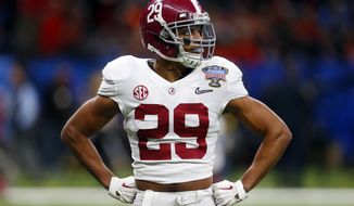 FILE- In this Monday, Jan. 1, 2018, file photo, Alabama defensive back Minkah Fitzpatrick (29) warms up before the Sugar Bowl NCAA college football game against Clemson in New Orleans. Georgia&#39;s quarterback Jake Fromm has shown the poise of a veteran all season, but Saban’s defenses have been known to fluster even experienced quarterbacks and Fitzpatrick is an extension of Saban on the field.  (AP Photo/Butch Dill, File)