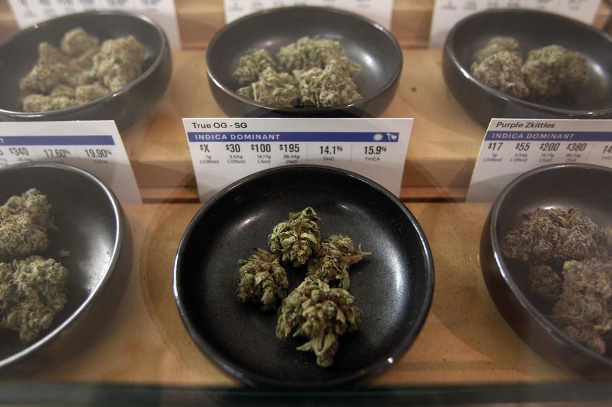 In this Jan. 1, 2018 photo, different types of marijuana sit on display at Harborside marijuana dispensary in Oakland, Calif. Attorney General Jeff Sessions is going after legalized marijuana. Sessions is rescinding a policy that had let legalized marijuana flourish without federal intervention across the country. That's according to two people with direct knowledge of the decision. (AP Photo/Mathew Sumner)