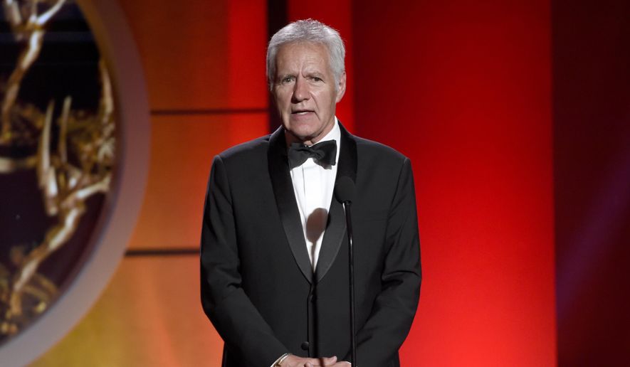 In this April 30, 2017, file photo, Alex Trebek speaks at the 44th annual Daytime Emmy Awards at the Pasadena Civic Center in Pasadena, Calif. Longtime “Jeopardy” host Trebek had surgery for blood clots on the brain, but says he’ll be back behind the podium soon. (Photo by Chris Pizzello/Invision/AP, File)