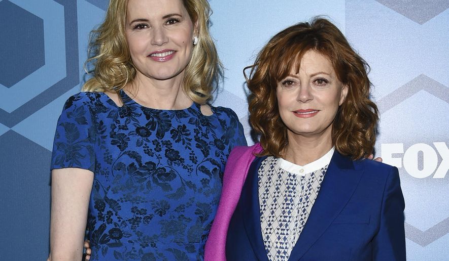 FILE - In this May 16, 2016 file photo, Geena Davis, left, Susan Sarandon attend the FOX Networks 2016 Upfront Presentation Party at Wollman Rink in Central Park in New York. Thelma & Louise” are reuniting at the Golden Globe Awards. Producers say Davis and Sarandon will take the stage together at the ceremony on Sunday, Jan. 7, 2018. (Photo by Evan Agostini/Invision/AP, File)