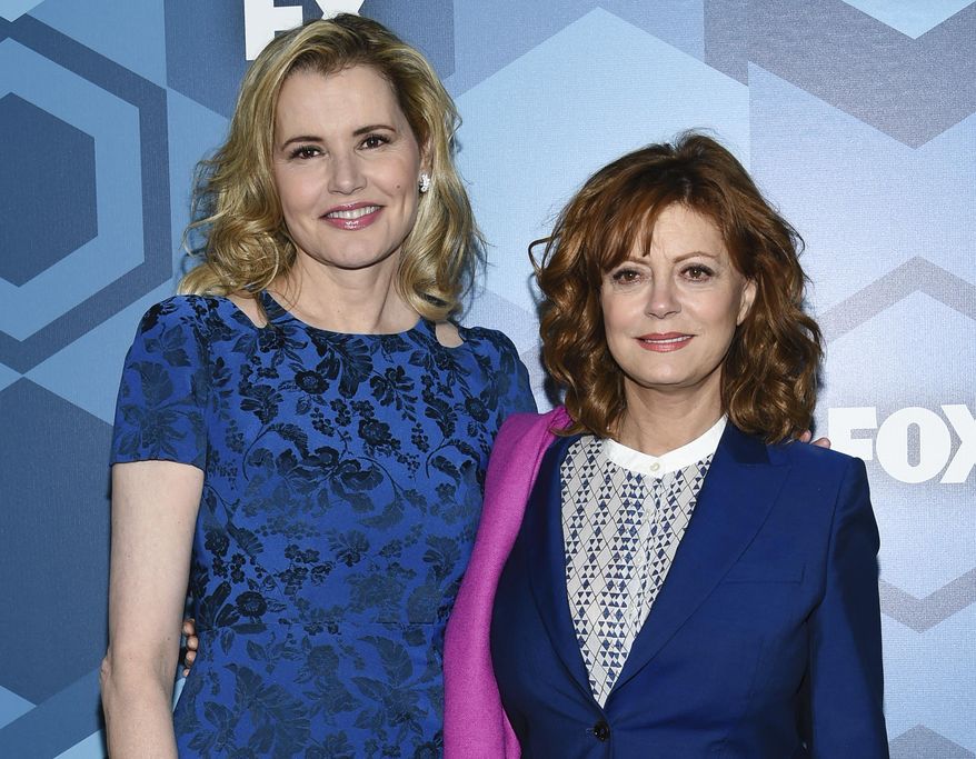 FILE - In this May 16, 2016 file photo, Geena Davis, left, Susan Sarandon attend the FOX Networks 2016 Upfront Presentation Party at Wollman Rink in Central Park in New York. Thelma & Louise” are reuniting at the Golden Globe Awards. Producers say Davis and Sarandon will take the stage together at the ceremony on Sunday, Jan. 7, 2018. (Photo by Evan Agostini/Invision/AP, File)