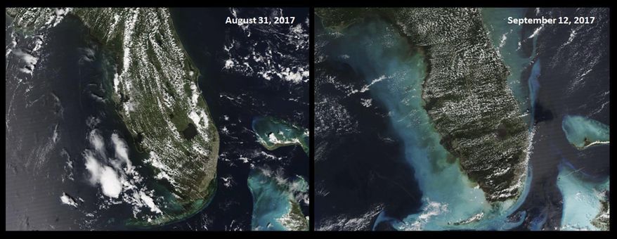 These satellite images made available by NOAA, shows the State of Florida on August 2017, left, and September 2017, after Hurricane Irma impacted the state. The September image shows how the storm pushed massive amounts of sand, uncovering ancient reefs and burying some closer to its path. (NOAA via AP)