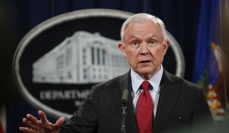 In this Dec. 15, 2017, photo, Attorney General Jeff Sessions speaks during a news conference at the Justice Department in Washington. (AP Photo/Carolyn Kaster) ** FILE **