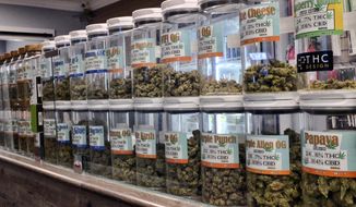 FILE - This Friday, Nov. 3, 2017 photo shows jars of medical marijuana on display on the counter of Western Caregivers Medical marijuana dispensary in Los Angeles. When U.S. Attorney General Jeff Sessions green-lighted federal prosecutors to pursue violators of federal marijuana laws, not only states that legalized recreational pot are at risk of a crackdown, but so is most of the rest of America. All but four states allow some form of medical marijuana, even Sessions&#39; home state of Alabama. (AP Photo/Richard Vogel, File)