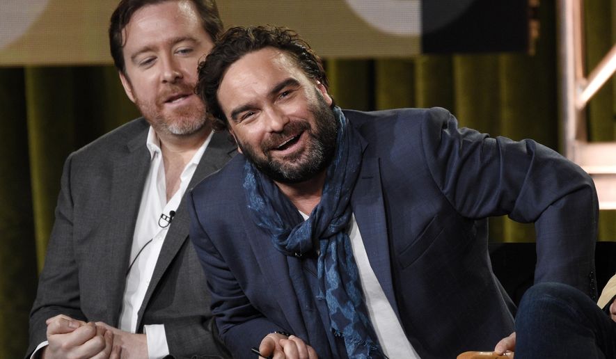 Johnny Galecki, right, co-executive producer of the new CBS series "Living Biblically," takes part in a panel discussion on the show with co-executive producer Patrick Walsh at the Television Critics Association Winter Press Tour on Saturday, Jan. 6, 2018, in Pasadena, Calif. (Photo by Chris Pizzello/Invision/AP)