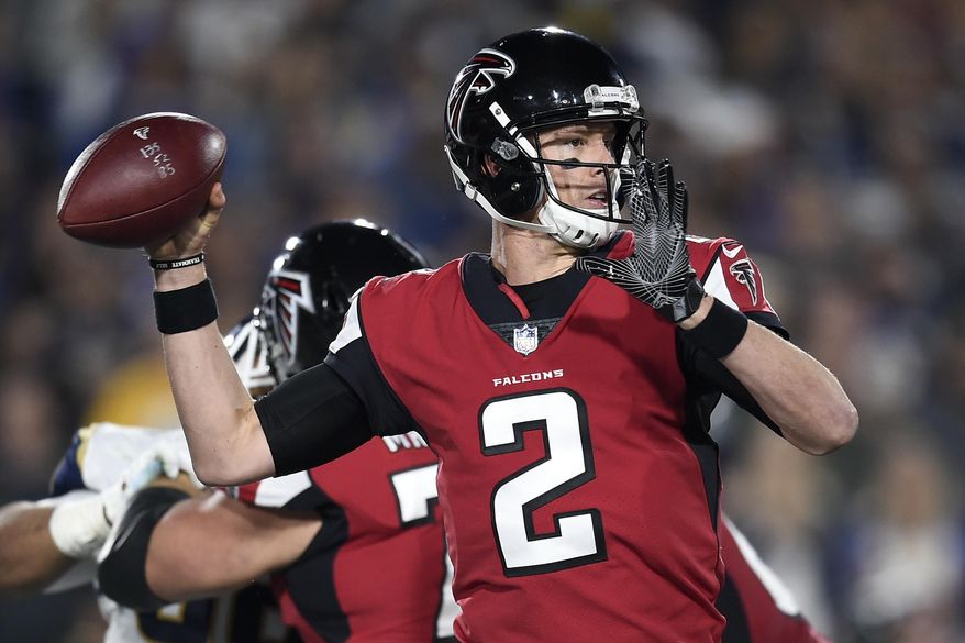 Atlanta Falcons quarterback Matt Ryan passes against the Los Angeles Rams during the first half of an NFL football wild-card playoff game, Saturday, Jan. 6, 2018, in Los Angeles. (AP Photo/Kelvin Kuo)