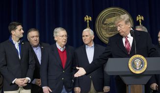 President Donald Trump, right, welcomes Senate Majority Leader Mitch McConnell of Ky., third from left, to the podium to speak during a news conference after participating in a Congressional Republican Leadership Retreat at Camp David, Md., Saturday, Jan. 6, 2018. Also pictured is House Speaker Paul Ryan of Wis., left, CIA Director Mike Pompeo, second from left, and Vice President Mike Pence, second from right. (AP Photo/Andrew Harnik)