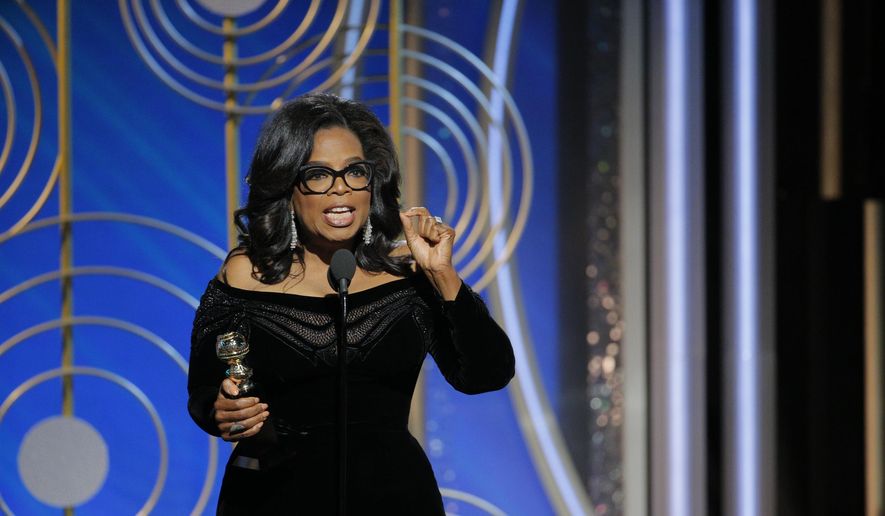 This image released by NBC shows Oprah Winfrey accepting the Cecil B. DeMille Award at the 75th Annual Golden Globe Awards in Beverly Hills, Calif., on Sunday, Jan. 7, 2018. (Paul Drinkwater/NBC via AP)