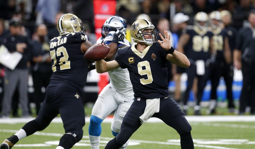New Orleans Saints quarterback Drew Brees (9) passes in the first half of an NFL football game against the Carolina Panthers in New Orleans, Sunday, Jan. 7, 2018. (AP Photo/Butch Dill)