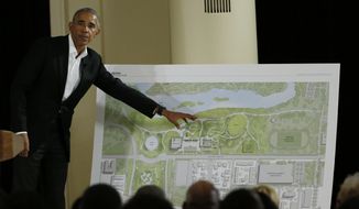 Former President Barack Obama speaks at a community event on the Presidential Center at the South Shore Cultural Center, Wednesday, May 3, 2017, in Chicago. The Obama Foundation unveiled plans for the former president&#39;s lakefront presidential center, showcasing renderings and a model at an event where Obama and former first lady Michelle Obama were expected to give more details. (AP Photo/Nam Y. Huh) ** FILE **