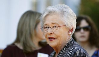 FILE - In this Nov. 17, 2017 file photo, Alabama Gov. Kay Ivey speaks to the media in Montgomery, Ala.  Ivey will take center stage on Tuesday, Jan. 9, 2018, as she gives her first state of the state address since being catapulted to the governor’s office nine months ago.  (AP Photo/Brynn Anderson, File)
