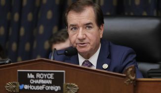 In this Oct. 12, 2017, file photo, House Foreign Affairs Committee Chairman Ed Royce, R-Calif., presides over a markup of a bill to expand sanctions against Iran with respect to its ballistic missile program, on Capitol Hill in Washington. Royce says he will not seek re-election after serving out his 13th term. (AP Photo/J. Scott Applewhite, File) **FILE**