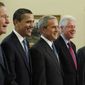 Former Presidents George H.W. Bush, Barack Obama, George W. Bush, Bill Clinton and Jimmy Carter are joining together in an online campaign, called the OneAmericaAppeal, to raise money for those affected by Harvey and the floods it caused along the Texas coast. (Associated Press/File)