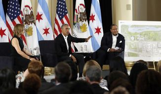Former President Barack Obama speaks at a community event on the Presidential Center at the South Shore Cultural Center, Wednesday, May 3, 2017, in Chicago. The Obama Foundation unveiled plans for the former president&#39;s lakefront presidential center, showcasing renderings and a model at an event where former President Barack Obama and first lady Michelle Obama were expected to give more details. (AP Photo/Nam Y. Huh)