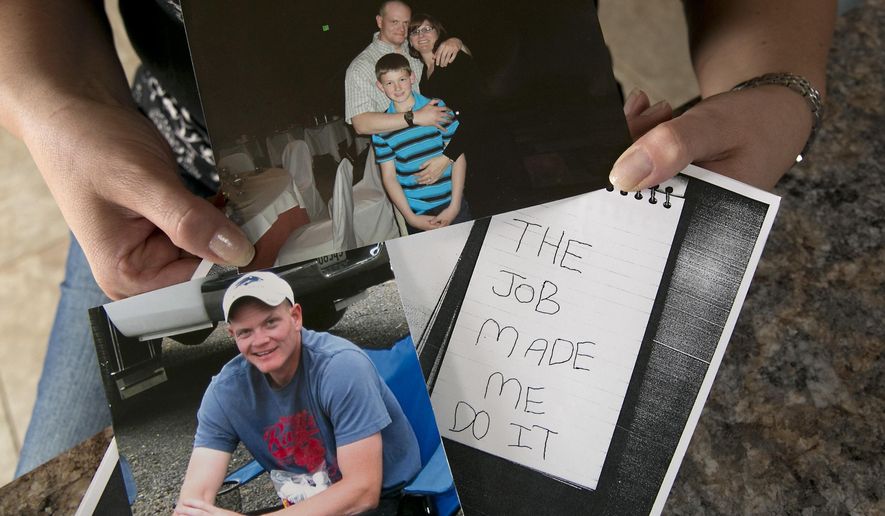 In this photo taken Tuesday, Aug. 29, 2017, Janelle Jones, displays two undated family photos, one showing her late husband, California Correctional Officer Scott Jones, the middle photo showing her, her husband and son Tyler, then age 11, and a copy of the note left by Scott Jones after his 2011 suicide, in her home in Reno, Calif. Scott Jones, who worked at the maximum-security High Desert State prison in northeast California, committed suicide July 8, 2011, leaving a note behind saying &amp;quot;The job made me do it.&amp;quot; Suicides are distressingly common among California prison employees. (AP Photo/Rich Pedroncelli)