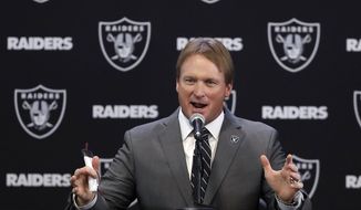Oakland Raiders new head coach Jon Gruden answers questions during an NFL football press conference Tuesday, Jan. 9, 2018, in Alameda, Calif. (AP Photo/Marcio Jose Sanchez)
