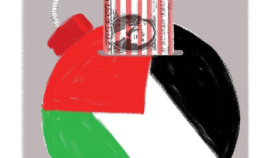 Illustration on problems with continued U.S. support of the Palestinians by Linas Garsys/The Washington Times