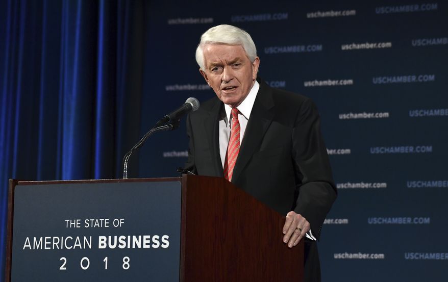 U.S. Chamber of Commerce President and Chief Executive Officer Thomas Donohue delivers his annual &#39;State of American Business&#39; address at the Chamber of Commerce in Washington, Wednesday, Jan. 10, 2018. Donohue is calling on Congress to reform immigration laws in order to retain more than a million immigrants currently allowed to work in the country but are at risk of losing their status. (AP Photo/Susan Walsh)