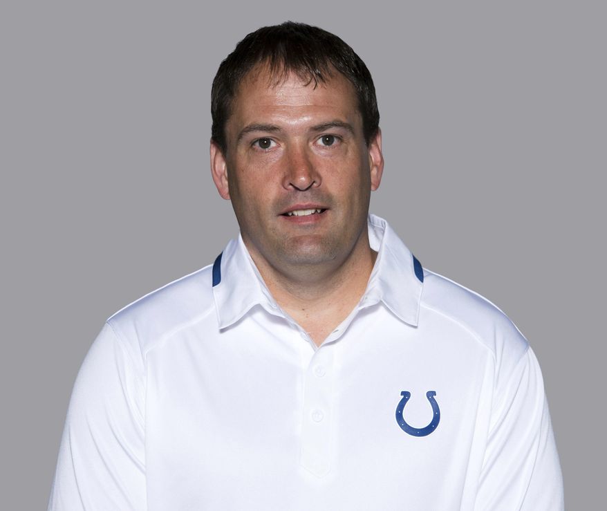 FILE - This Tuesday, July 11, 2017 file photo, shows Tom McMahon of the Indianapolis Colts NFL football team. Denver Broncos coach Vance Joseph is going with experience this time, hiring Tom McMahon to replace Brock Olivo as his special teams coordinator. (AP Photo/File)