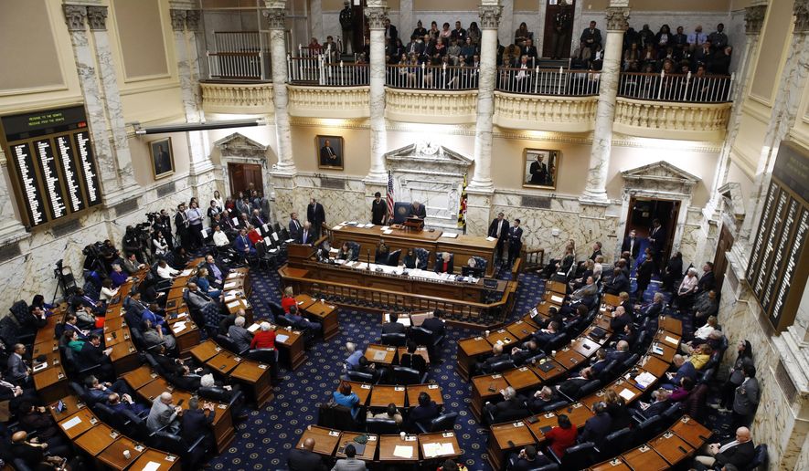 In this file photo, members of the Maryland House of Delegates convene at the Maryland State House in Annapolis, Md., Wednesday, Jan. 10, 2018, the first day of the state's 2018 legislative session. (AP Photo/Patrick Semansky) **FILE**