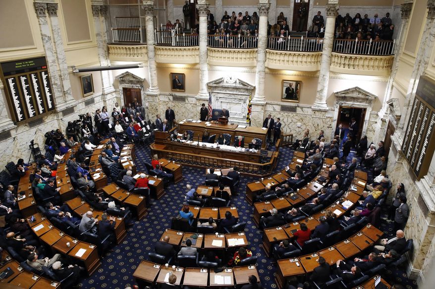 In this file photo, members of the Maryland House of Delegates convene at the Maryland State House in Annapolis, Md., Wednesday, Jan. 10, 2018, the first day of the state's 2018 legislative session. (AP Photo/Patrick Semansky) **FILE**
