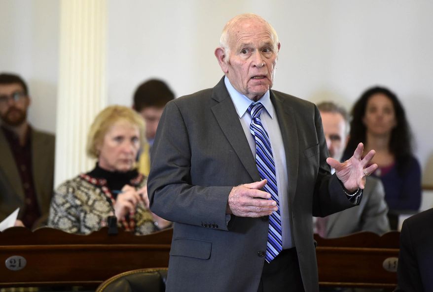 State Sen. Dick Sears, D-Bennington, speaks on the marijuana legalization bill, Wednesday, Jan. 10, 2018, moments before it passed the Senate on a voice vote at the Statehouse in Montpelier, Vt. The bill, which would allow the recreational use of marijuana, was approved by the House last week and Gov. Phil Scott has indicated he would sign it. (Jeb Wallace-Brodeur/The Times Argus via AP)