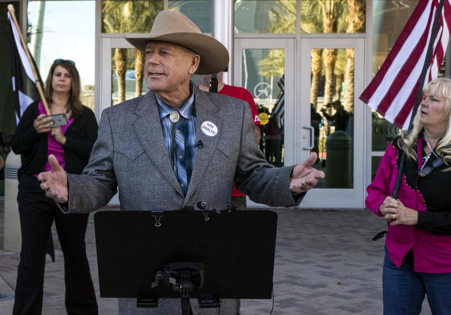 Cliven Bundy is all smiles as he welcomes everyone for a press conference in front of Metro Police Headquarters on Wednesday, Jan. 10, 2018. Bundy, the Nevada rancher and states’ rights figure who was freed after federal charges were dismissed in a 2014 armed standoff with government agents says the county sheriff and the governor are the only authorities he recognizes. (LE Baskow /Las Vegas Sun via AP)