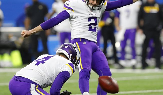 FILE - In this Nov. 23, 2017, file photo, Minnesota Vikings kicker Kai Forbath (2) kicks a field goal from the hold of punter Ryan Quigley (4) during an NFL football game against the Detroit Lions, in Detroit. Minnesota kicker Kai Forbath was cut by New Orleans right before the 2016 season because Saints head coach Sean Payton had &amp;quot;a gut feeling&amp;quot; they&#x27;d be better off with rookie Will Lutz. Now Forbath has the job with Vikings, who host the Saints in a divisional round playoff game on Sunday. (AP Photo/Paul Sancya, File)