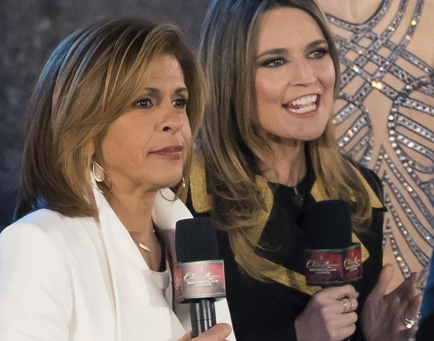 FILE - In this Wednesday, Nov. 29, 2017, file photo, Hoda Kotb, left, and Savannah Guthrie appear during the annual Rockefeller Center Christmas Tree lighting ceremony in New York. NBC News chose Kotb to officially replace Matt Lauer on the “Today” morning show after he was fired in late November, after weeks of strong ratings with her filling in with Guthrie on the show’s first two hours. (Photo by Charles Sykes/Invision/AP, File)
