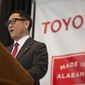 Akio Toyoda, Toyota Motor Corp. president, speaks during a press conference, Wednesday, Jan. 10, 2018, in Montgomery, Ala., where the Japanese automakers Toyota and Mazda announced plans to build a huge $1.6 billion joint-venture plant in Huntsville, that will eventually employ about 4,000 people. Several states had competed for the coveted project, which will be able to turn out 300,000 vehicles per year and will produce the Toyota Corolla compact car for North America and a new small SUV from Mazda.  (Albert Cesare/The Montgomery Advertiser via AP)
