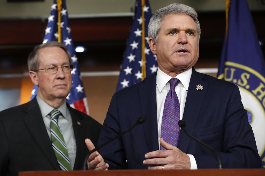 House Judiciary Committee Chairman Rep. Bob Goodlatte, R-Va., left, listens as House Homeland Security Committee Chairman Rep. Michael McCaul, R-Texas, speaks during a news conference on Capitol HIll in this Jan. 10, 2018 file photo. (AP Photo/Jacquelyn Martin) **FILE**