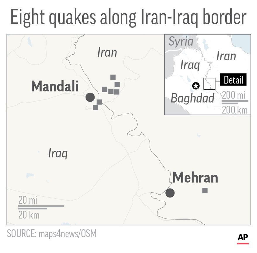 Map locates eight quakes along Iran-Iraq border; 2c x 3 1/2 inches; 96.3 mm x 88 mm;